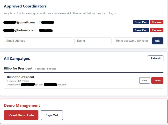 Platform admin — campaigns and coordinator management