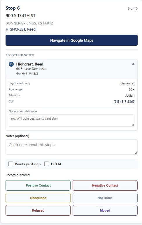 Stop card with voter detail and outcomes